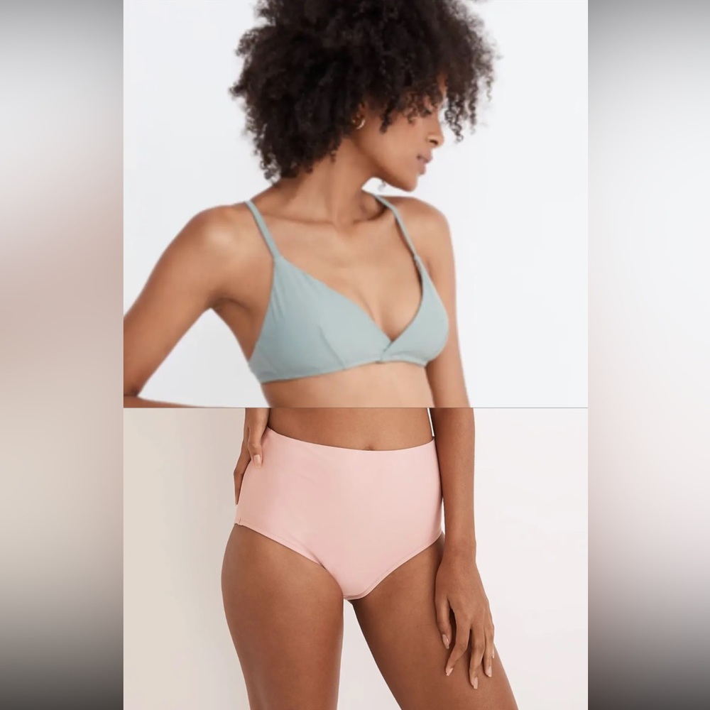 Madewell Second Wave Tie Back and Retro High Waisted Bikini Set Pink Green Small